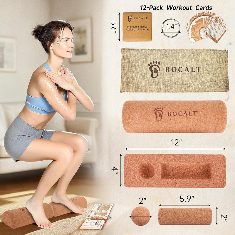 Rocalt Cork Balance Board, Premium Cork 4-in-1 Foot & Ankle Strengthener Kit, Balance Trainer with Massage Roller & Ball, Toe Resistance Bands, Storage Bag & Exercise Guide for Enhance Mobility, Improve Foot Function, Prevent Falls - Image 2